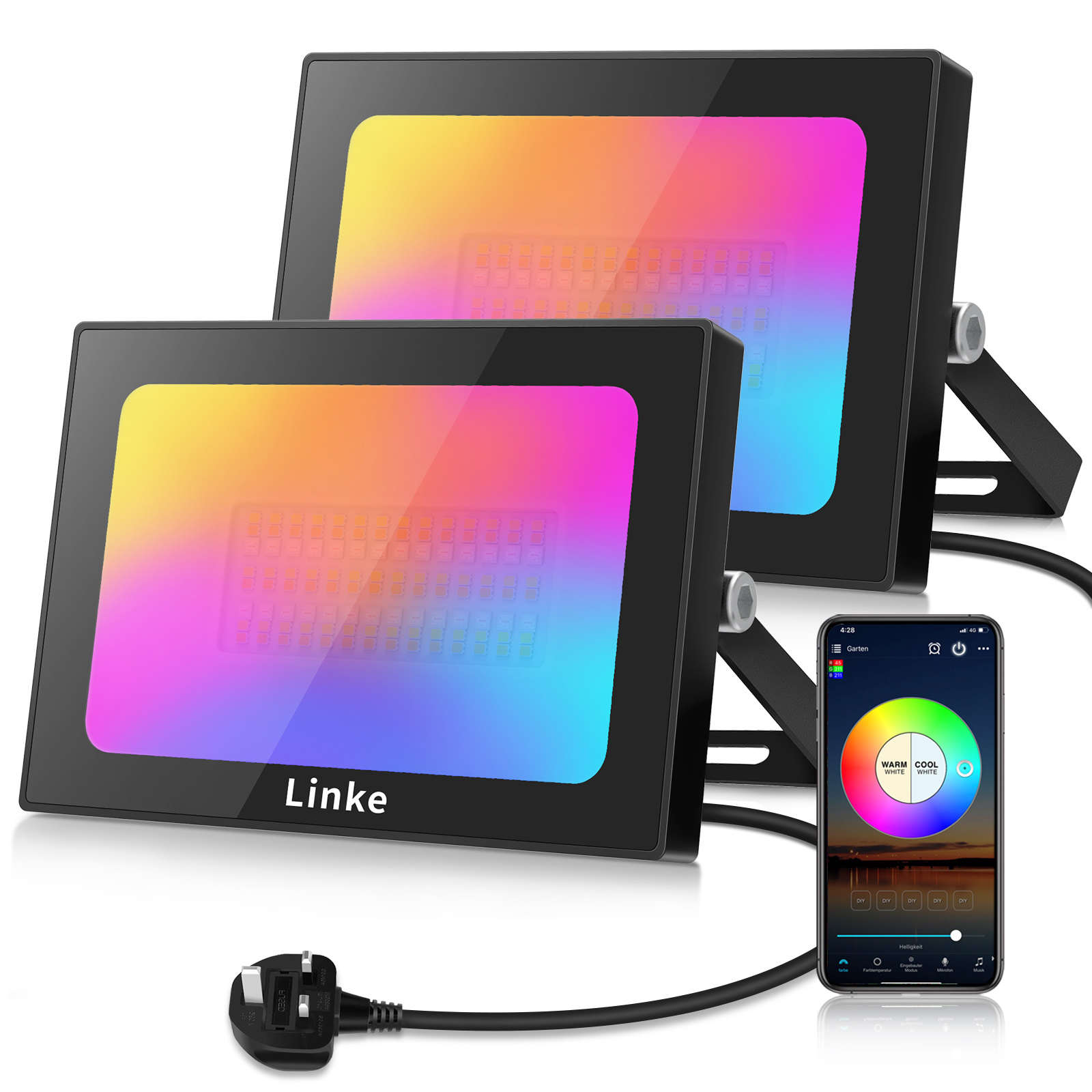 RGB Led Floodlight Linke 42W Disco Light, IP66 Waterproof Smart Colour Changing DJ Lighting, Bluetooth APP Control Dimmable Decorative Lighting for Party Stage Landscape Garden Festival 2 Pack